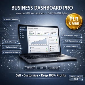May include: A laptop screen showing a business dashboard interface with data and task lists. The screen displays financial figures and the words "Dashboard Overview". The image also features the text "BUSINESS DASHBOARD PRO" and "PLR & MRR".