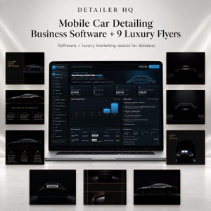May include: A laptop displaying a dark-themed mobile car detailing business software dashboard, surrounded by nine black and gold luxury marketing flyers featuring car silhouettes and the text Detailer HQ, Mobile Car Detailing Business Software.