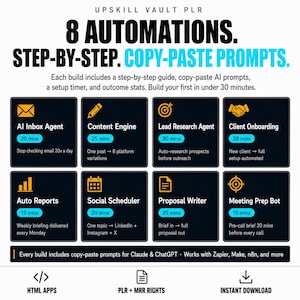 May include: An infographic titled Upskill Vault PLR 8 Automations Step-by-Step Copy-Paste Prompts. It features eight black rectangular cards with orange icons and blue time labels, detailing automated tasks like AI Inbox Agent and Content Engine.