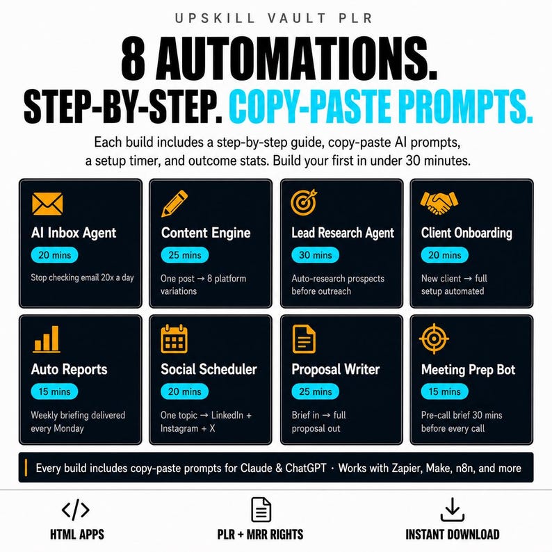 May include: An infographic titled Upskill Vault PLR 8 Automations Step-by-Step Copy-Paste Prompts. It features eight black rectangular cards with orange icons and blue time labels, detailing automated tasks like AI Inbox Agent and Content Engine.