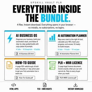 May include: An informational graphic titled UPSKILL VAULT PLR EVERYTHING INSIDE THE BUNDLE. It lists four digital files: AI BUSINESS OS, AI AUTOMATION PLANNER, HOW-TO GUIDE, and PLR + MRR LICENCE, each with specific features, icons, and file names.