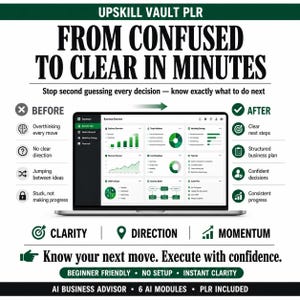 May include: A laptop screen displays a business overview with charts and graphs. The image promotes a product with the text "From Confused to Clear in Minutes." Additional text includes "Clarity, Direction, Momentum" and "AI Business Advisor."