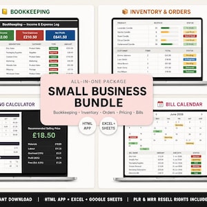 May include: A digital small business bundle displayed on four laptop screens. The bundle includes bookkeeping, inventory, order tracking, pricing calculator, and bill calendar tools. The screens show financial data and business management information. The bundle is an instant download.