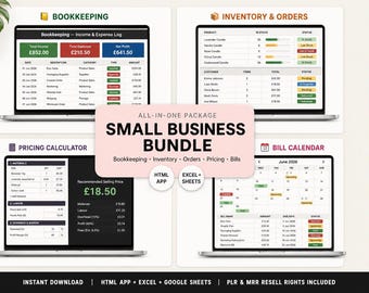 Small Business Bundle Bookkeeping Tracker Inventory Management Pricing Calculator Bill Calendar | Google Sheets HTML