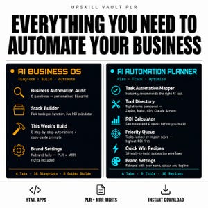 May include: A digital infographic titled Upskill Vault PLR: Everything You Need To Automate Your Business. It features two columns: AI Business OS in orange and AI Automation Planner in blue, listing various tools, audit features, and workflow templates.