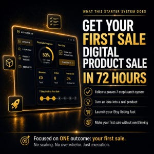 Puede incluir: Una interfaz de panel digital titulada AI STARTER KIT con un gr&aacute;fico de progreso que muestra un 53%. El texto dice GET YOUR FIRST SALE DIGITAL PRODUCT SALE IN 72 HOURS, seguido de una lista de sistema de lanzamiento de 7 pasos y FOCUSED ON ONE.