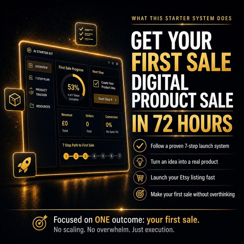Puede incluir: Una interfaz de panel digital titulada AI STARTER KIT con un gr&aacute;fico de progreso que muestra un 53%. El texto dice GET YOUR FIRST SALE DIGITAL PRODUCT SALE IN 72 HOURS, seguido de una lista de sistema de lanzamiento de 7 pasos y FOCUSED ON ONE.