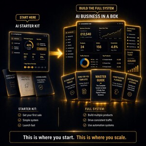 Puede incluir: Un kit de inicio y sistema completo de negocios con IA con contornos dorados brillantes sobre un fondo negro. La interfaz muestra m&eacute;tricas como ingresos, pedidos y tasas de conversi&oacute;n, junto con gu&iacute;as tituladas Quick-Launch Checklist, Master Guide y Automation Systems.
