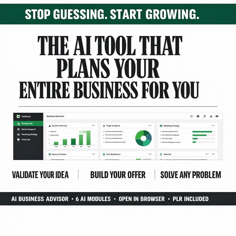 May include: An advertisement for an AI business tool. The image features the text "STOP GUESSING. START GROWING." and "THE AI TOOL THAT PLANS YOUR ENTIRE BUSINESS FOR YOU." Below are screenshots of the tool's interface, with the phrases "VALIDATE YOUR IDEA", "BUILD YOUR OFFER", and "SOLVE ANY PROBLEM".