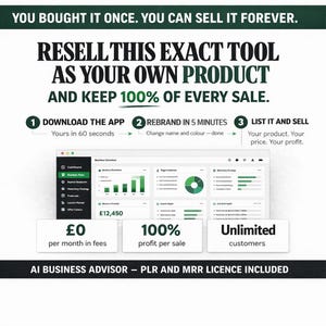 May include: A promotional graphic with green and white text. The text reads "Resell this exact tool as your own product and keep 100% of every sale." It also includes information about downloading an app, rebranding, and listing the product.