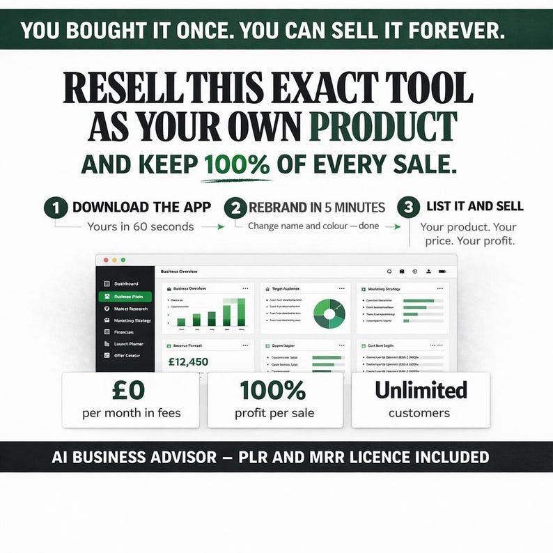 May include: A promotional graphic with green and white text. The text reads "Resell this exact tool as your own product and keep 100% of every sale." It also includes information about downloading an app, rebranding, and listing the product.