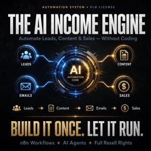 May include: A graphic with the text "THE AI INCOME ENGINE" and "Automate Leads, Content & Sales - Without Coding." The image shows a central AI core connected to leads, content, emails, and sales. The text "BUILD IT ONCE. LET IT RUN." is also present.