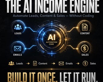 Puede incluir: Gráfico con el texto "THE AI INCOME ENGINE" y "Automatiza clientes potenciales, contenido y ventas - Sin codificación". La imagen muestra un núcleo de IA central conectado a clientes potenciales, contenido, correos electrónicos y ventas. También está presente el texto "BUILD IT ONCE. LET IT RUN."