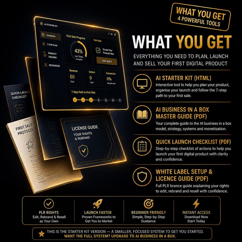 Puede incluir: Un kit de inicio de producto digital con una interfaz de panel para seguimiento de progreso, ingresos y pedidos. Incluye un kit de inicio de IA, gu&iacute;a maestra de negocios, lista de verificaci&oacute;n de lanzamiento y gu&iacute;a de licencias de marca blanca.