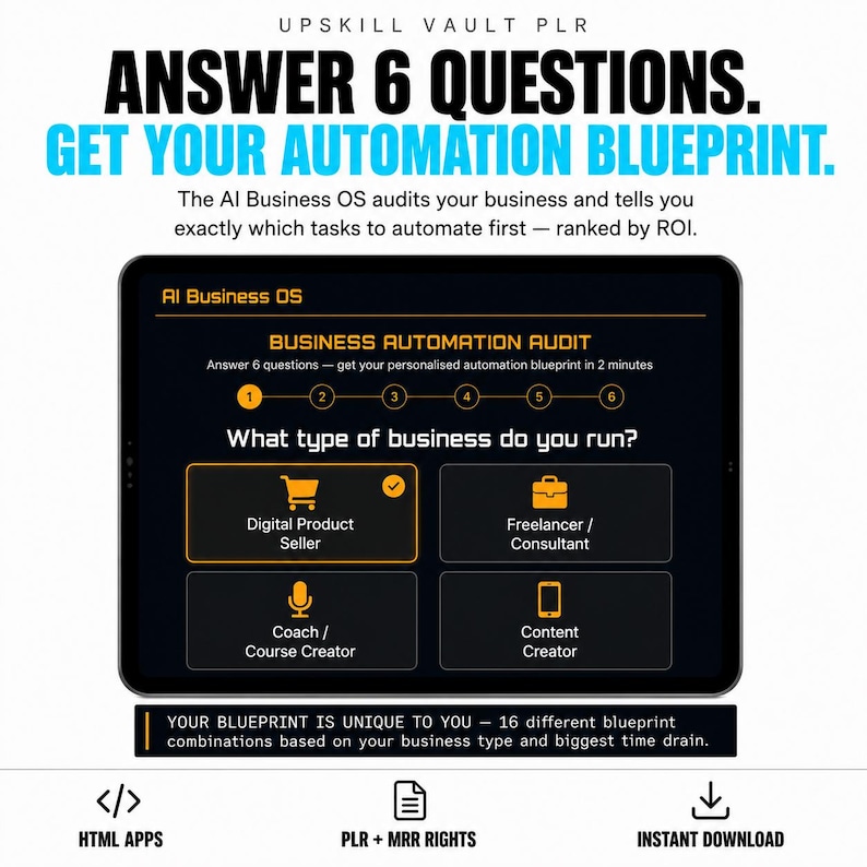 May include: A tablet screen displaying an AI Business OS interface with the text Answer 6 Questions. Get Your Automation Blueprint. The screen shows a business automation audit with options for digital product sellers, freelancers, coaches, and content creators.