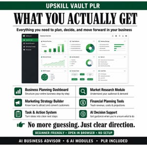 May include: A graphic with the text "WHAT YOU ACTUALLY GET" and a business planning dashboard interface. The image highlights features like market research, financial planning, and AI decision support. The text also says "No more guessing. Just clear direction."