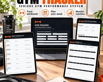 May include: A digital gym tracker system displayed on a laptop and two tablets, featuring a weekly training plan, workout log, and nutrition tracker. The screens show organized tables for tracking exercises, sets, reps, and daily caloric intake goals.