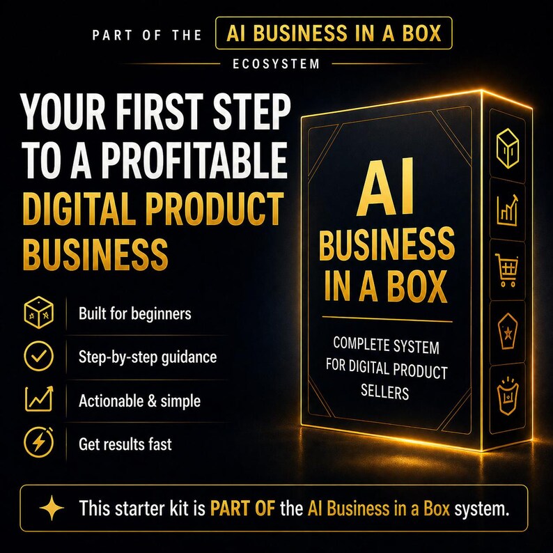 Puede incluir: Una caja rectangular negra con contornos dorados brillantes y el texto AI BUSINESS IN A BOX. El texto incluye frases como Your First Step To A Profitable Digital Product Business, Built for beginners y Get results fast.