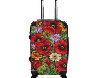 Maleta floral: Amapolas, mariposas y margaritas. Equipaje de viaje.