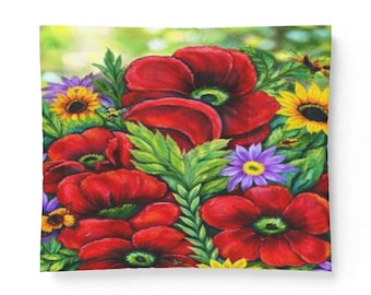 Floral Comforter: Vibrant Poppies, Sunflowers, Butterflies, 100% Cotton Bedding