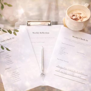 May include: A clipboard holds three sheets of paper with text, including "Daily Check-In" and "Weekly Reflection." A silver pen rests on the paper. A white mug with a cappuccino sits nearby. The scene suggests a focus on wellness and reflection.