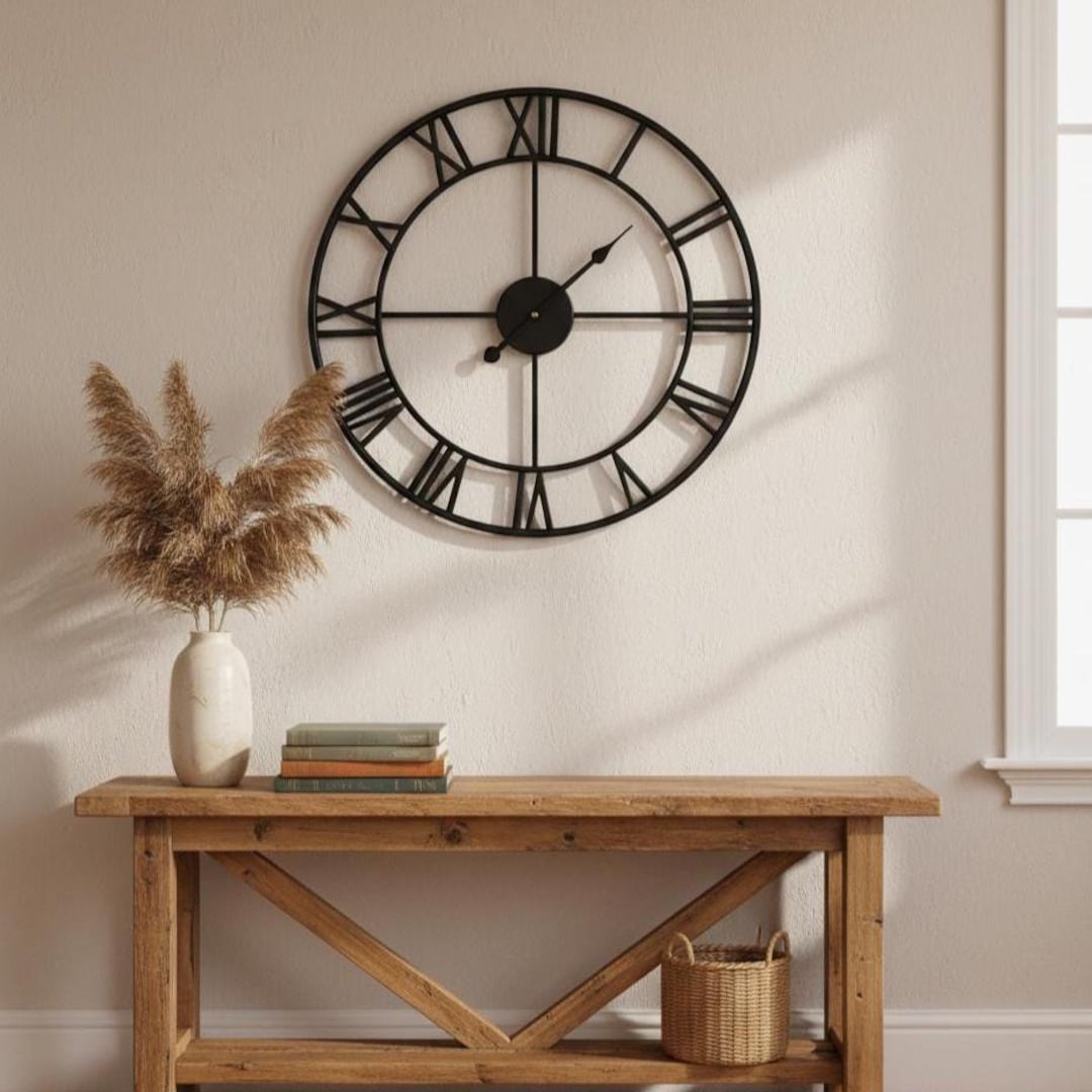 Large Roman Numeral Metal Wall Clock | Industrial Farmhouse Living Room ...