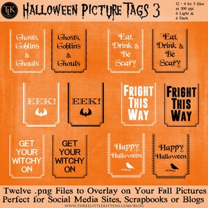 May include: Twelve Halloween picture tags in a variety of designs. The tags feature black and white text on a white background with a black border. The tags are set against an orange background. The tags include phrases like "Ghosts, Goblins & Ghouls", "Eat, Drink & Be Scary", "Fright This Way", and "Get Your Witchy On".