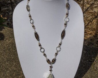 Long Smokey Quartz Necklace with Druzy Agate Pendant 3690