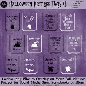 May include: Twelve printable Halloween picture tags in a purple and white design. The tags feature various Halloween-themed phrases and images, such as "Witch's Brew", "Haunted House", "Scaredy Cat", and "Ghouls Just Wanna Have Fun".