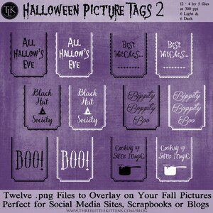 May include: Twelve Halloween picture tags in a purple background. The tags are in black and white with various Halloween-themed phrases, such as "All Hallow's Eve", "Best Witch", "Black Hat Society", "Boo", and "Cooking up Some Magic".