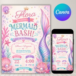Puede incluir: Una invitación digital para un primer cumpleaños con temática de sirena. El diseño incluye una gran cola de sirena, conchas, estrellas de mar y burbujas en rosa, azul y morado. El texto dice: Flora is turning 1 Mermaid Bash!