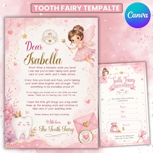 May include: A pink-themed tooth fairy letter and receipt template featuring a fairy illustration, a smiling tooth with a crown, and gold text. The letter reads Dear Isabella and includes a magical seal, while the receipt has fields for name, age, date, and reward.