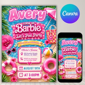Editable Barbie Pool Party Invitation, Pink Summer Birthday Canva Template, Girls Swim Celebration, Instant Digital Download
