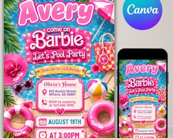 Invito modificabile per la festa in piscina di Barbie, modello Canva per compleanno estivo rosa, festa in piscina per ragazze, download digitale immediato
