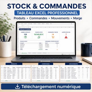May include: A professional Excel spreadsheet template for inventory and order management displayed on a laptop screen. The interface includes a dashboard with stock value, pending orders, and low stock alerts, alongside detailed product, order, and movement tables.