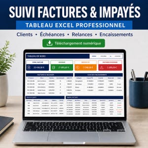 May include: A laptop screen displaying a professional Excel dashboard for invoice and payment tracking. The interface includes sections for total invoices, payments received, outstanding amounts, and overdue invoices with detailed client data tables.