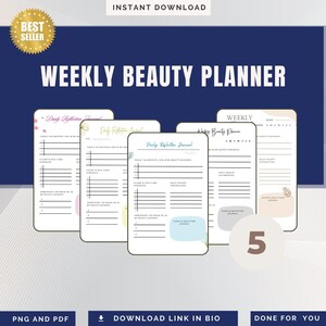 Könnte beinhalten: Ein digitaler Download eines wöchentlichen Beauty-Planers mit fünf Seiten. Der Planer enthält Abschnitte für tägliche Reflexion, Kunden- und Selbstpflegepläne und Schönheitsziele. Das Design ist minimalistisch mit Pastellakzenten und dem Text "Weekly Beauty Planner".