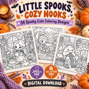 Può includere: Un libro da colorare digitale intitolato Little Spooks, Cozy Nooks con 54 disegni spettrali e carini. Tre pagine mostrano un personaggio che annaffia piante, una mummia a un picnic e una creatura pelosa che lavora a maglia. Include JPEG e PDF.