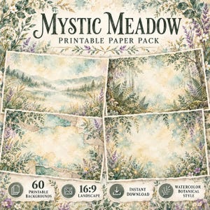 May include: A Mystic Meadow printable paper pack featuring watercolor botanical designs. The collection includes 60 landscape 16:9 backgrounds with illustrations of lakes, forests, ferns, and wildflowers in soft green, purple, and yellow tones.