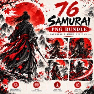 Puede incluir: Un paquete digital de 76 diseños PNG de samuráis para camisetas, con ilustraciones de guerreros en túnicas negras y rojas con espadas, sobre soles rojos, montañas y hojas de arce, con el texto 76 SAMURAI PNG BUNDLE.