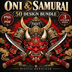 Oni-mask och samurajhjälm PNG Clipart-paket, 50 kabuto- och katana-designer + utskrivbara PDF-klistermärken