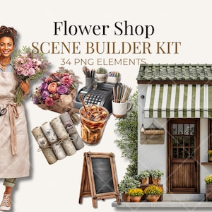 Pode incluir: Ilustração digital de um kit de construção de cenas de floricultura. A imagem inclui uma florista segurando buquês, um exterior de loja e vários elementos como uma caixa registradora, um quadro-negro e arranjos florais. O texto diz "Flower Shop Scene Builder Kit - 34 PNG Elements."