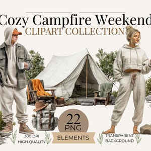 May include: Digital clipart collection titled "Cozy Campfire Weekend" featuring illustrations of camping scenes. Includes a tent, campfire, chairs, and figures in casual wear. The collection includes 22 PNG elements with a transparent background.