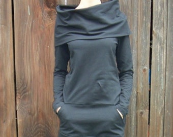 Mini Black Tunic Dress with Pockets, Sweatshirt Dress, Cotton Jersey Dress