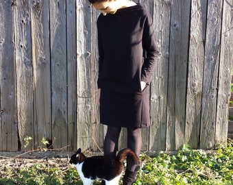 Vestido negro holgado con bolsillos, túnica de jersey de algodón con bolsillos