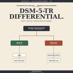 May include: A diagnostic quick reference guide titled "DSM-5-TR DIFFERENTIAL" with a beige background. The guide includes a flowchart for clinicians, detailing "rule in" and "rule out" criteria for patient presentations, including anxiety and somatic complaints.
