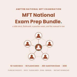 Puede incluir: Un recurso de estudio digital titulado AMFTRB National MFT Examination MFT National Exam Prep Bundle. Incluye una presentación, tarjetas de memoria, un examen de práctica y un manual. Un icono central muestra cinco figuras conectadas. El texto enumera 92 diapositivas, 66 tarjetas, 360 preguntas de examen y 2026.
