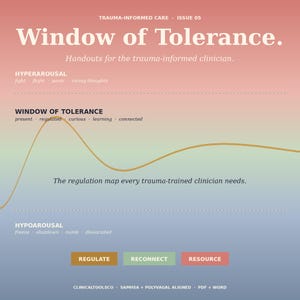 May include: A graphic with the title "Window of Tolerance" and the subtitle "Handouts for the trauma-informed clinician." The image includes a line graph and text describing hyperarousal and hypoarousal states.