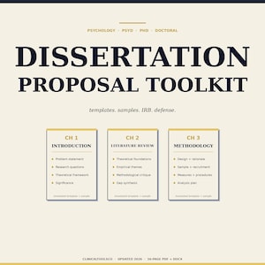 May include: A beige document titled "DISSERTATION PROPOSAL TOOLKIT" with dark blue text. The document includes sections on Introduction, Literature Review, and Methodology, with bullet points detailing each section. The document is for psychology, PSYD, PHD, and doctoral studies.