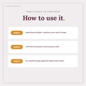 May include: A light gray instructional card titled "How to use it." with the text "CLINICALTOOLSCO" at the top. It outlines three steps: "PASS 1 Read the principles + sections once, early in prep", "PASS 2 Drill the 10 scenarios; mark any you miss", and "PASS 3 Re-read the traps page the week of your exam."